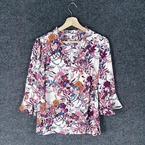 The Pioneer Woman Blouse Women S Small White Floral V-Neck 3/4 Sleeve Casual